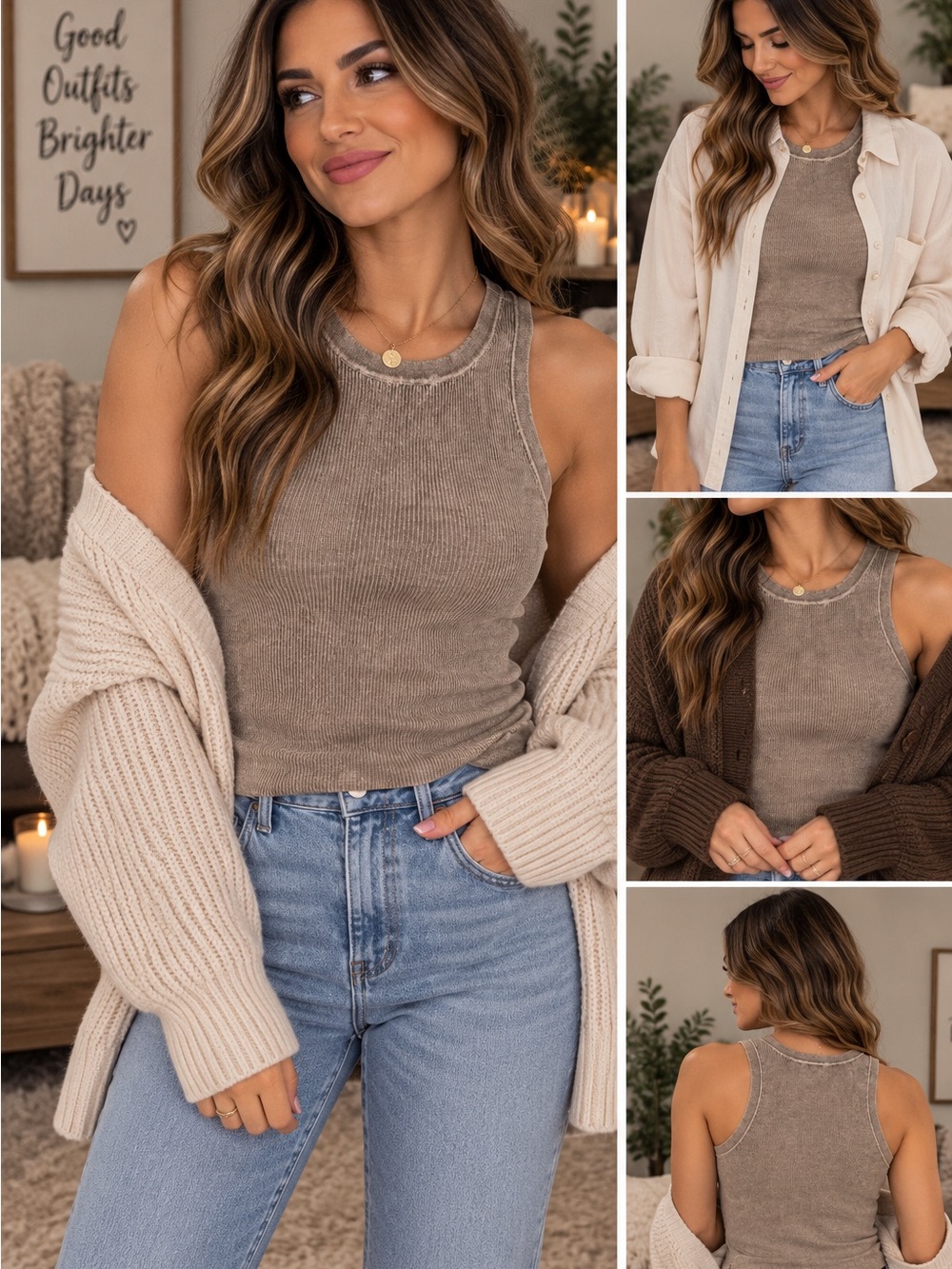Ribbed Tank Top in Mineral Washed Brown— Women's Casual Layering Tank